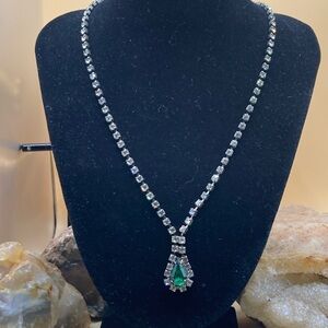 Vintage rhinestone clear and green rhinestone teardrop necklace.